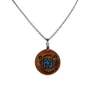 Handcrafted Genuine Leather Tooled Monogram Initial Necklace Letter N